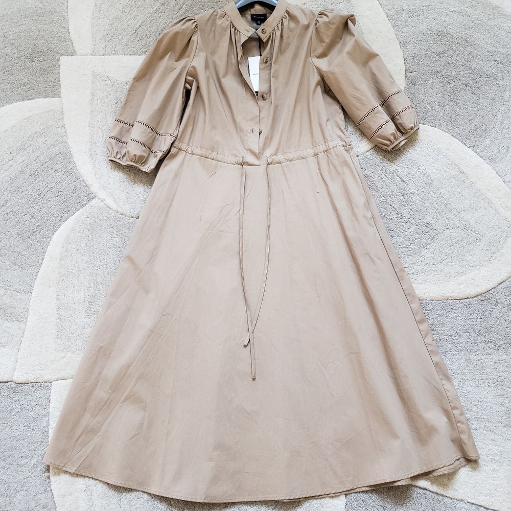 WHO WHAT WEAR Beige Puff Sleeve Smocked Midi Twill Dress - Sz XS